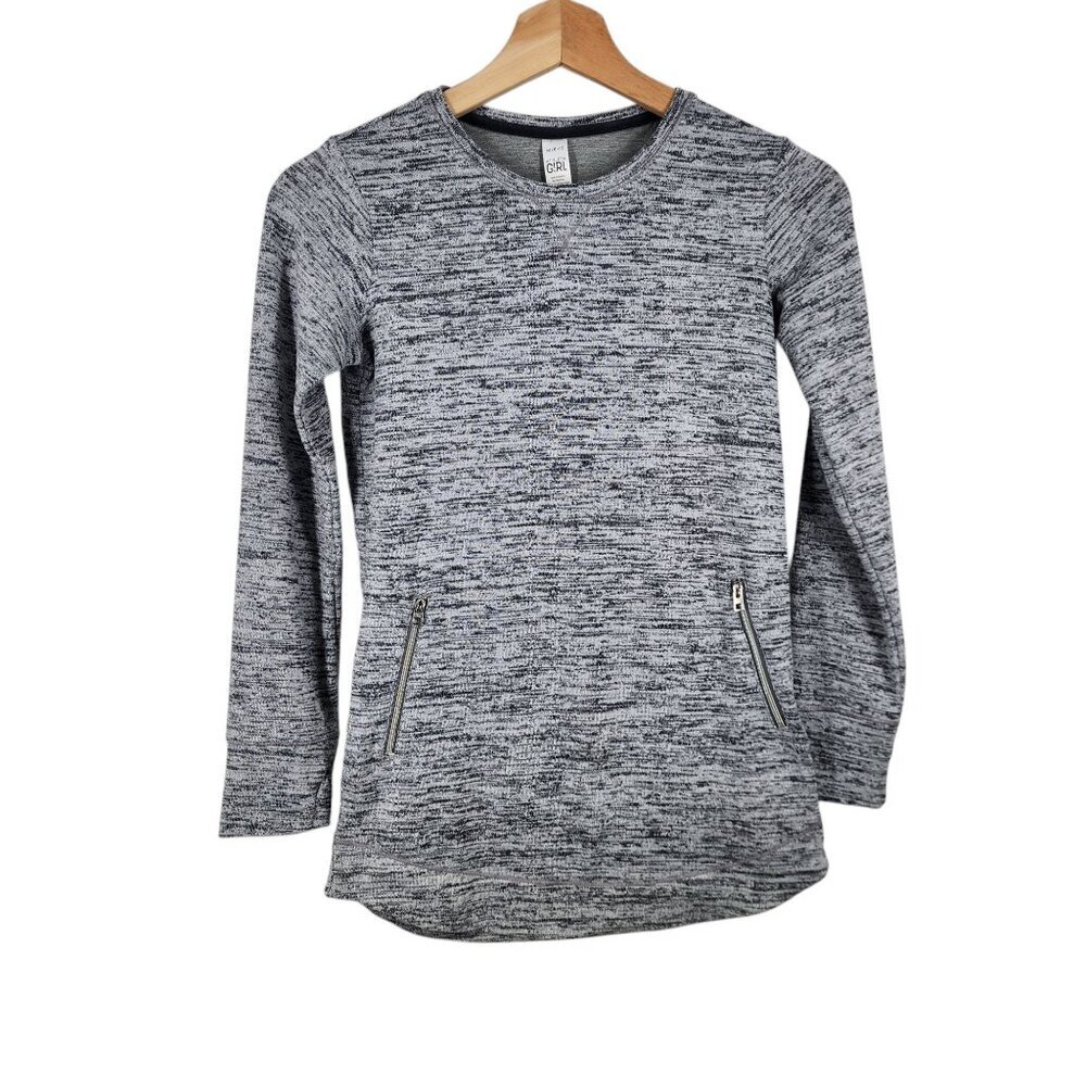 Athleta Girl High Low Tunic Sweatshirt Girl M 8-10 Gray Space Dye Zipper Pockets